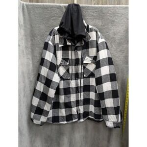 Men's Shacket 4XL Hooded Black White Buffalo Plaid Zip Button Quilted Lining